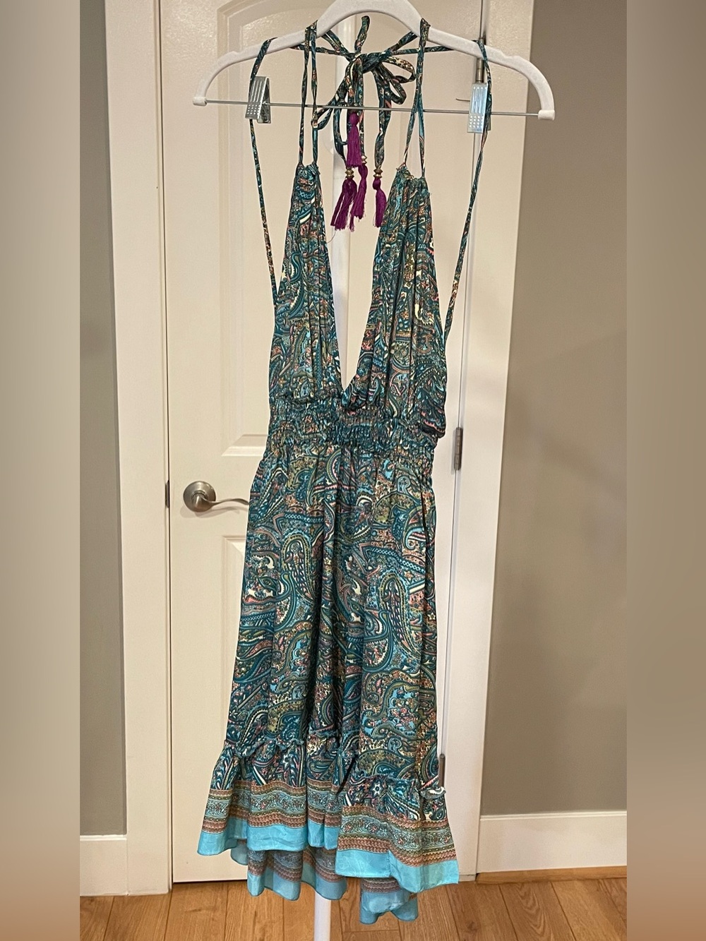 100% Silk Teal Paisley Halter Mini Dress - One Size